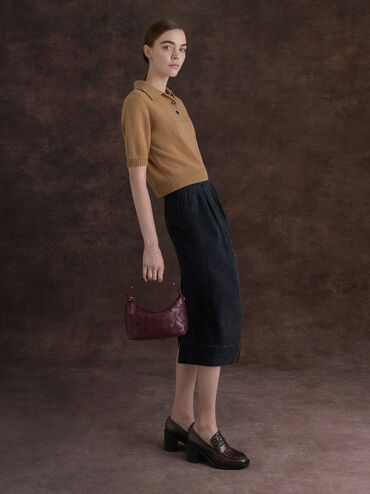 حقيبة كتف إيفيت بتصميم مضفور وتصميم معدني لامع, أحمر توتي فاخر, hi-res