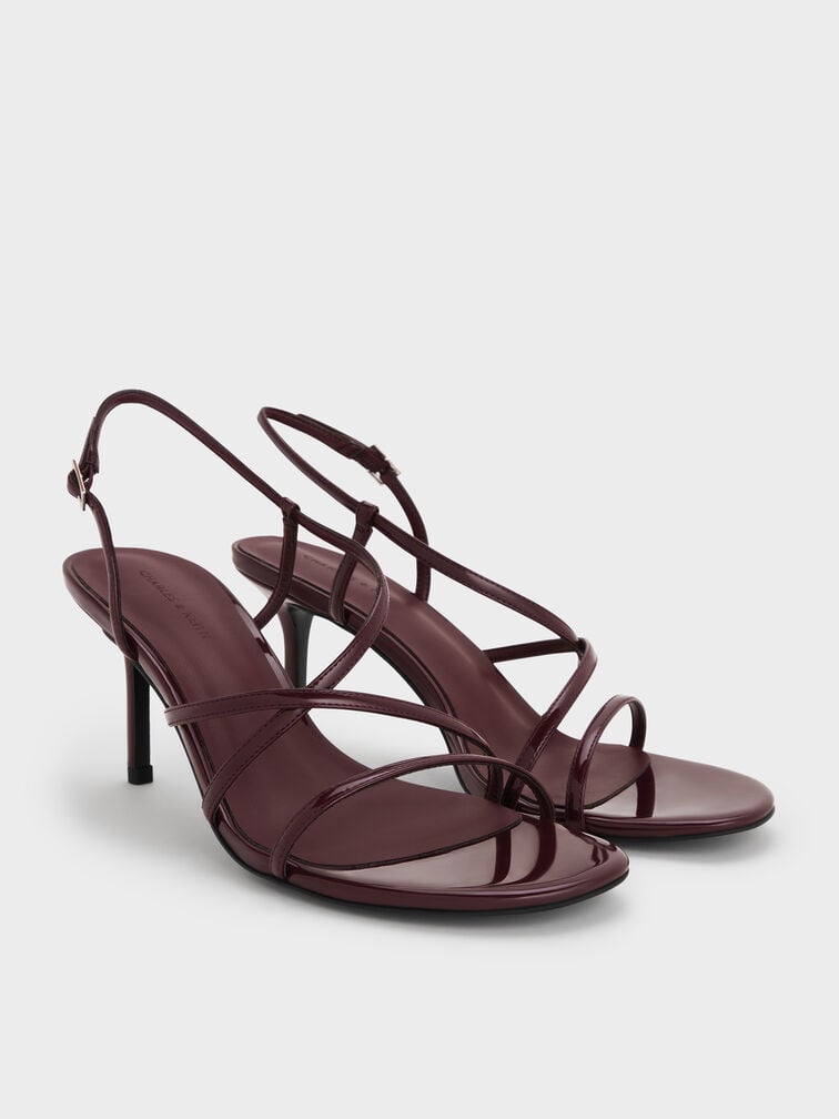 Patent Strappy Stiletto-Heel Slingback Sandals, Maroon, hi-res