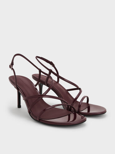Patent Strappy Stiletto-Heel Slingback Sandals, Maroon, hi-res