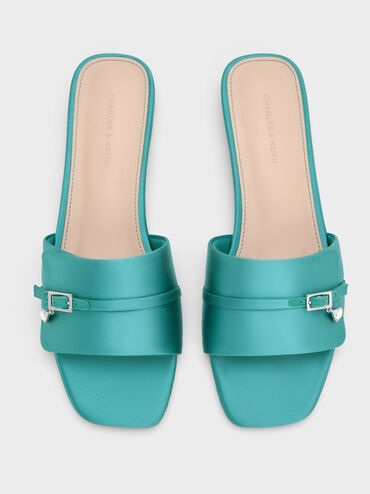 Satin Teardrop-Crystal Buckle-Strap Slide Sandals, Teal, hi-res
