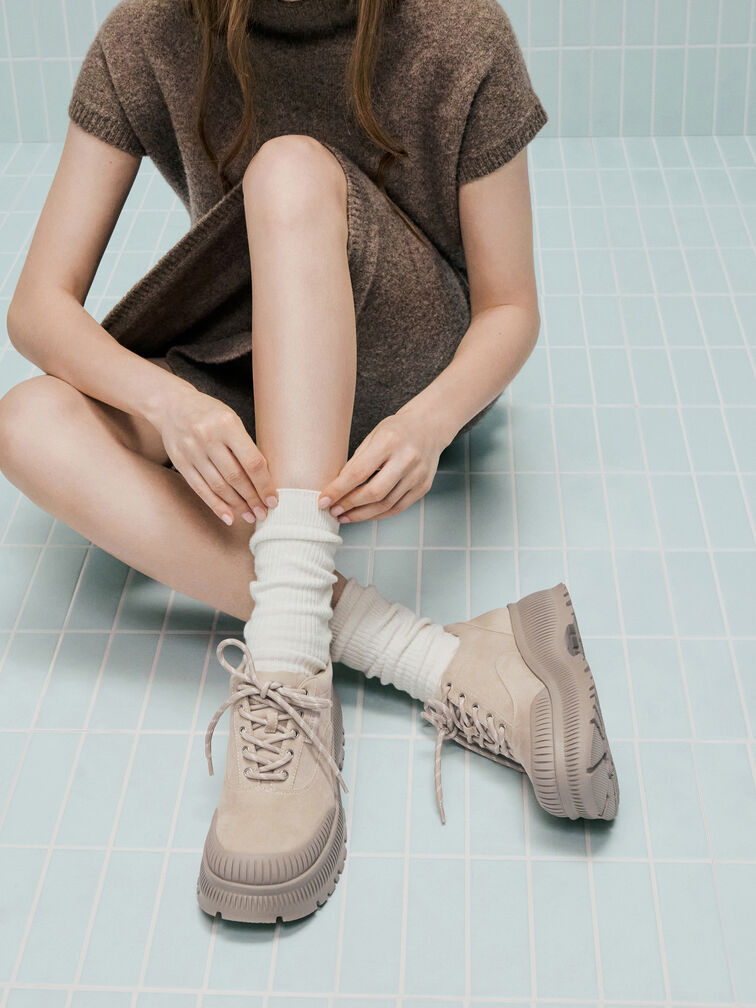 Darra Faux Suede Ridged-Sole Platform Sneakers, Beige, hi-res