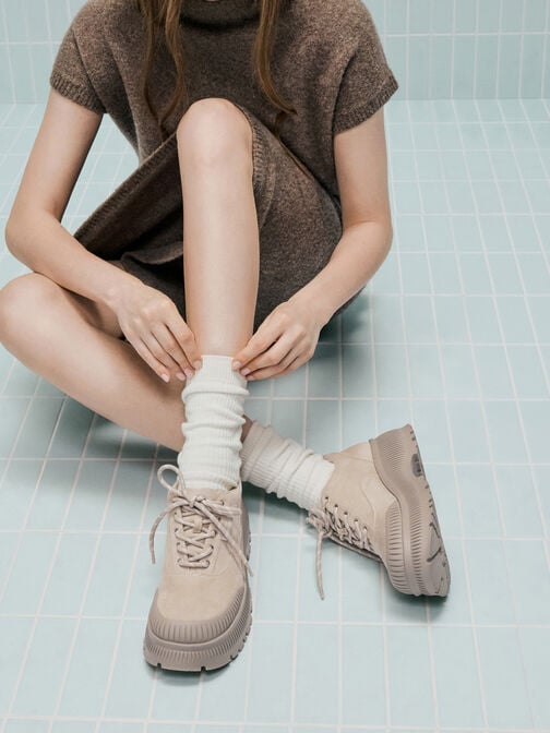 Darra Faux Suede Ridged-Sole Platform Sneakers, Beige, hi-res