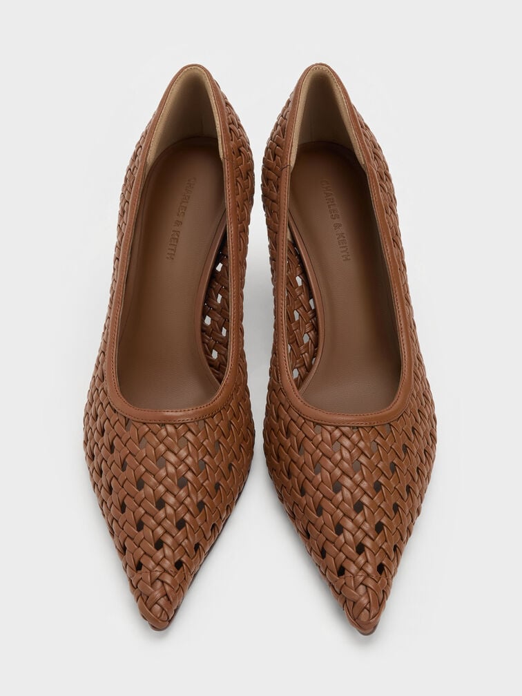 Woven Pointed Stiletto Pumps, Brown, hi-res