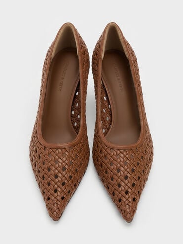 Woven Pointed Stiletto Pumps, Brown, hi-res