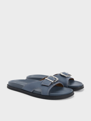 Faux Suede Stitch-Trim Buckled Slides, Blue, hi-res