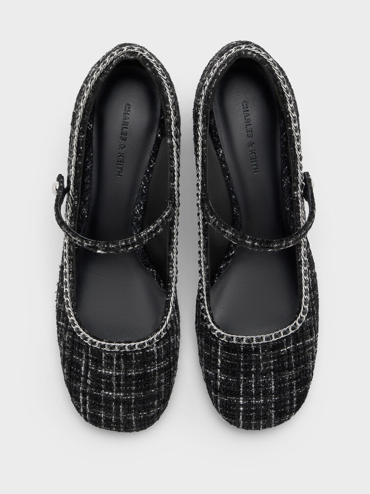 Tweed Braided-Chain Block-Heel Mary Jane Pumps, Black Textured, hi-res