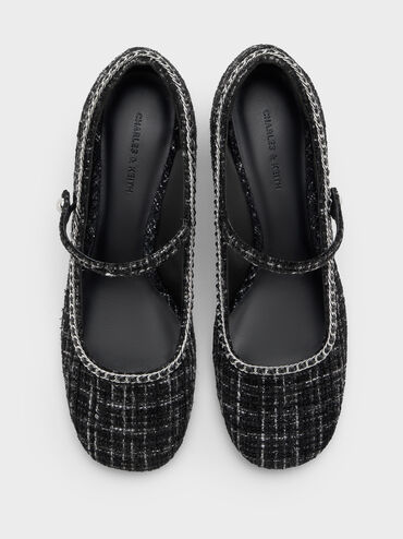 Tweed Braided-Chain Block-Heel Mary Jane Pumps, Black Textured, hi-res