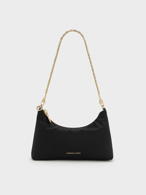 Satin Crystal-Embellished Chain-Handle Two-Way Bag, Black, hi-res