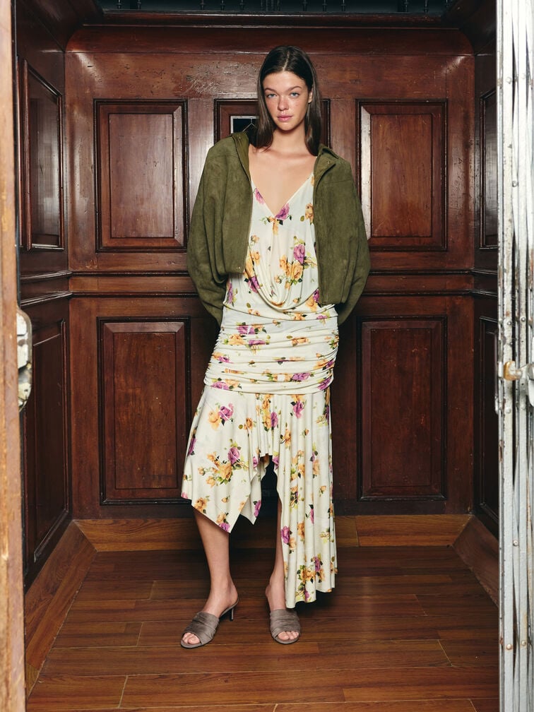 Faux Suede Ruched Heeled Mules, Taupe, hi-res