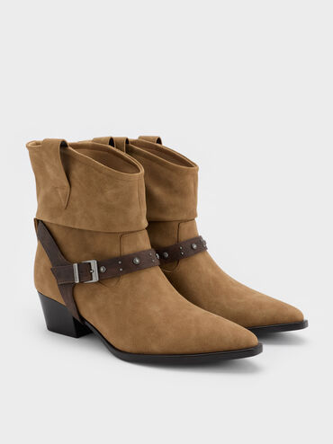 Faux Suede Studded-Strap Ruched Ankle Boots, Sand, hi-res