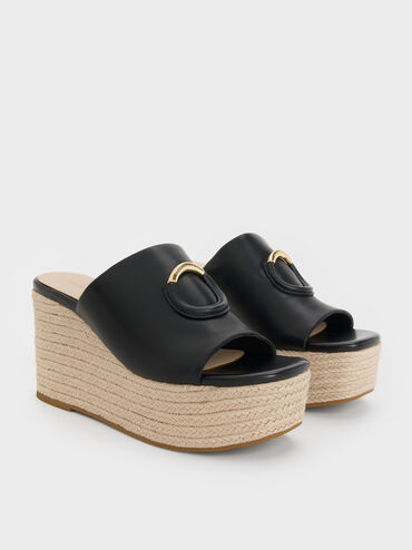 Metallic-Accent Espadrille Wedges, Black, hi-res