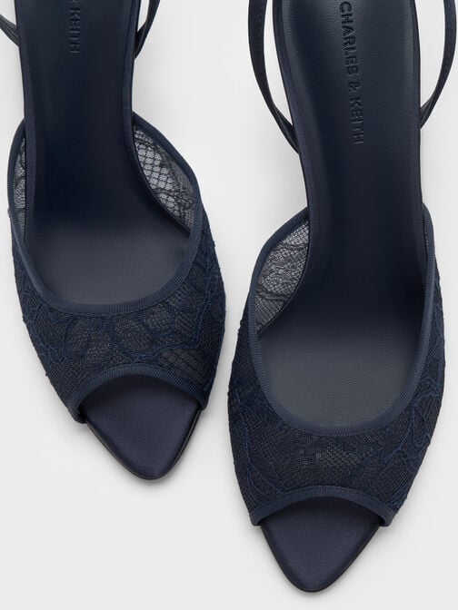 Lace & Satin Peep-Toe Heels, Dark Blue, hi-res