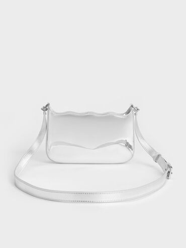 Metallic Wavy Braided Chain-Link Shoulder Bag, Silver, hi-res