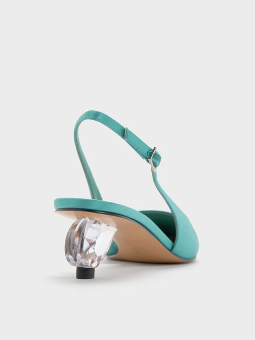 Satin Pointed-Toe Crystal-Heel Slingback Pumps, Teal, hi-res