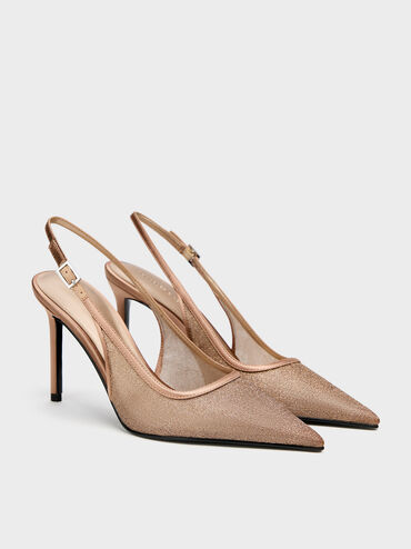 Glittered Mesh Pointed Slingback Pumps, Brown, hi-res
