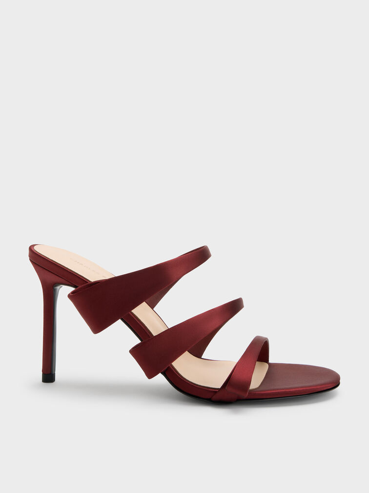 Satin Triple Pleated-Strap Stiletto Heels, Red, hi-res