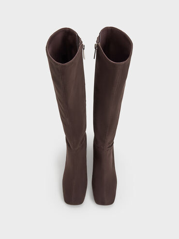 بوت شمواه صناعي بطول الركبة ومقدمة مربعة, بني محبّب غامق, hi-res