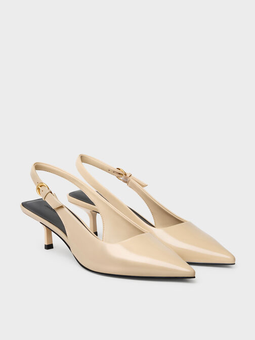 Pointed Slingback Kitten Heels, Beige, hi-res