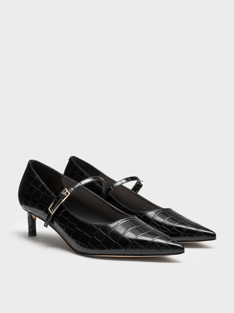 حذاء لوسيانا ماري جاين (بامبس) تصميم يشبه جلد التمساح بكعب قصير ورفيع, أسود حيواني, hi-res