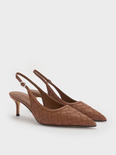 Ivette Woven Pointed-Toe Slingback Pumps, Caramel, hi-res