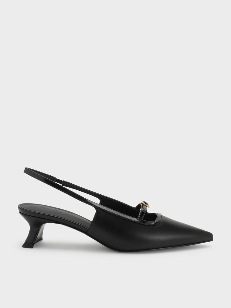 Buckle-Strap Slingback Pumps, Black, hi-res