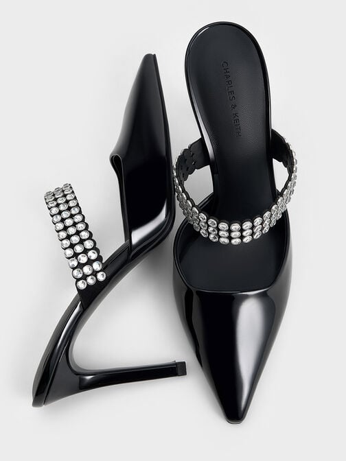 حذاء ميول من الجلد اللامع بكعب وتصميم مزين بالكريستال, أسود براق, hi-res