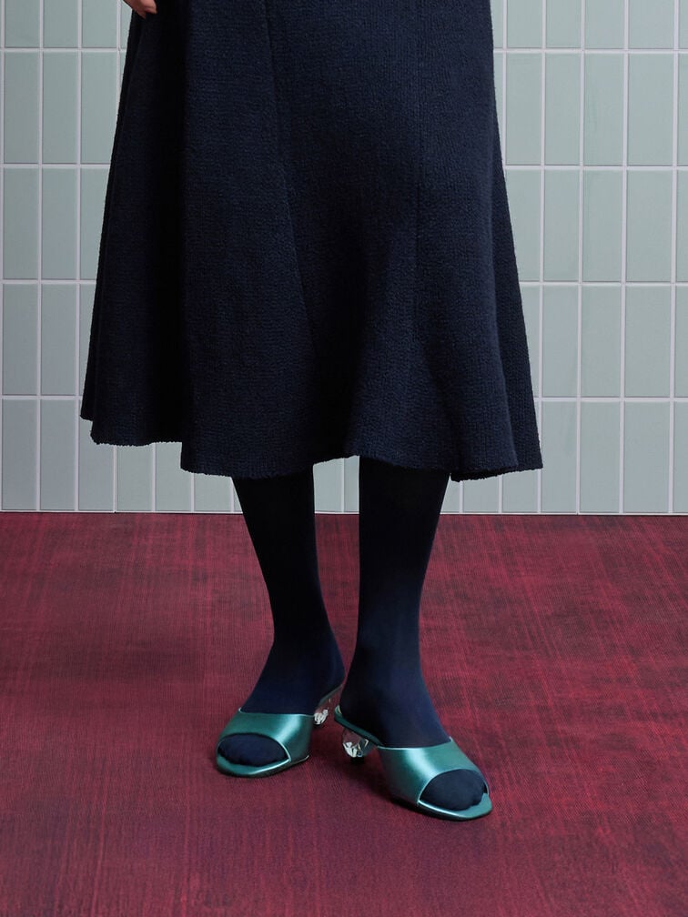 Satin Crystal-Heel Mules, Teal, hi-res