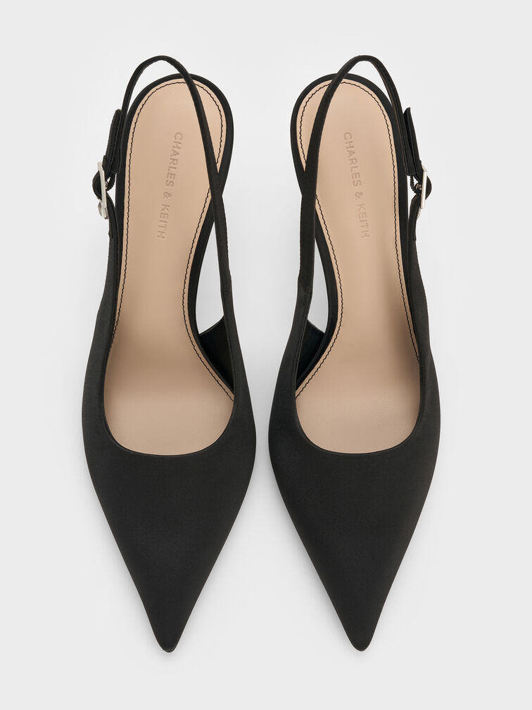 Satin Teardrop-Crystal Stiletto-Heel Slingback Pumps, Black Textured, hi-res