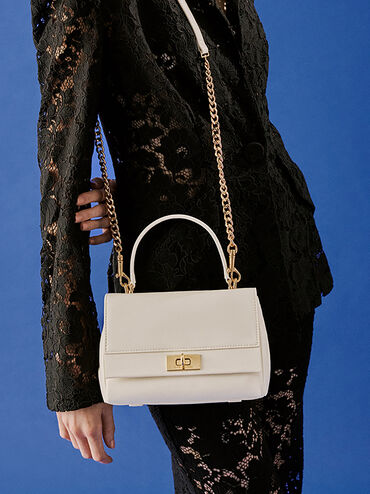 حقيبة ليني بمقبض علوي وحزام سلسلة, كريمي, hi-res