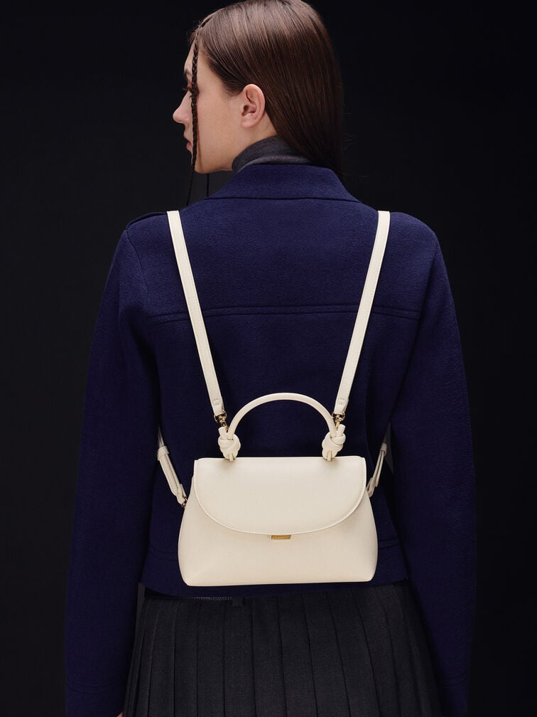 حقيبة ظهر بحمالة يد مزينة بعقدة, كريمي, hi-res