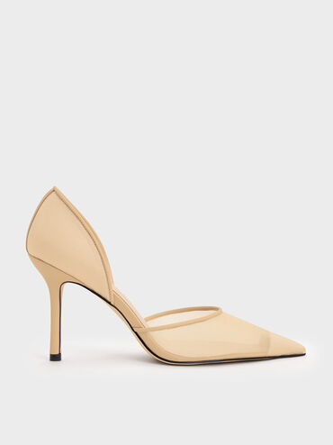 Mesh Pointed-Toe D'Orsay Pumps, Nude, hi-res
