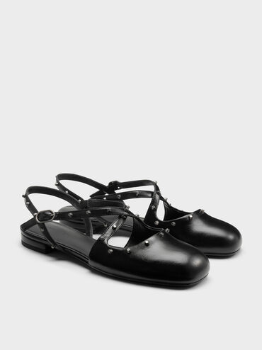 Studded Crossover Slingback Flats, Black, hi-res
