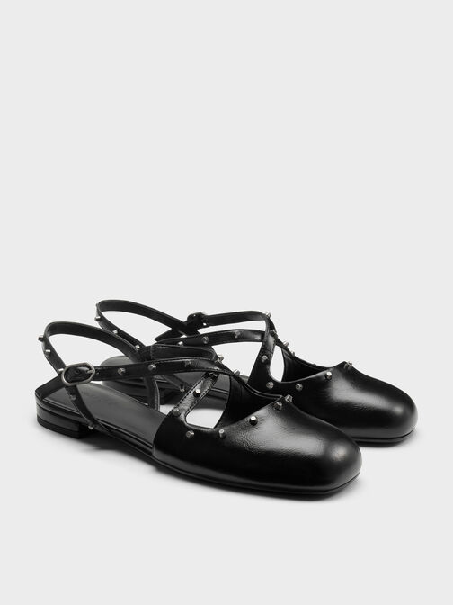 Studded Crossover Slingback Flats, Black, hi-res
