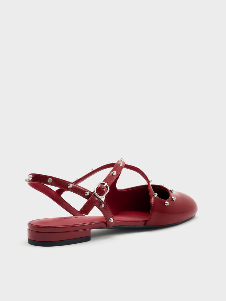 Studded Crossover Slingback Flats, Red, hi-res