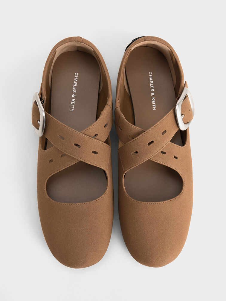 حذاء ماري جاين من الشمواه بأحزمة متداخلة, بني, hi-res