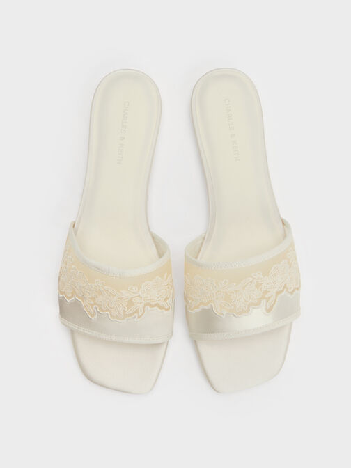 Satin Embroidered-Mesh Slide Sandals, White, hi-res