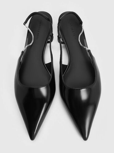 Chain-Strap Pointed-Toe Slingback Flats, Black Boxed, hi-res