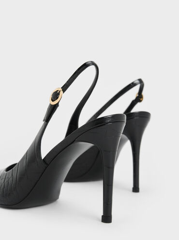 حذاء بكعب ستيليتو مفتوح من الخلف بحزام كاحل ونقشة جلد التمساح, أسود حيواني, hi-res