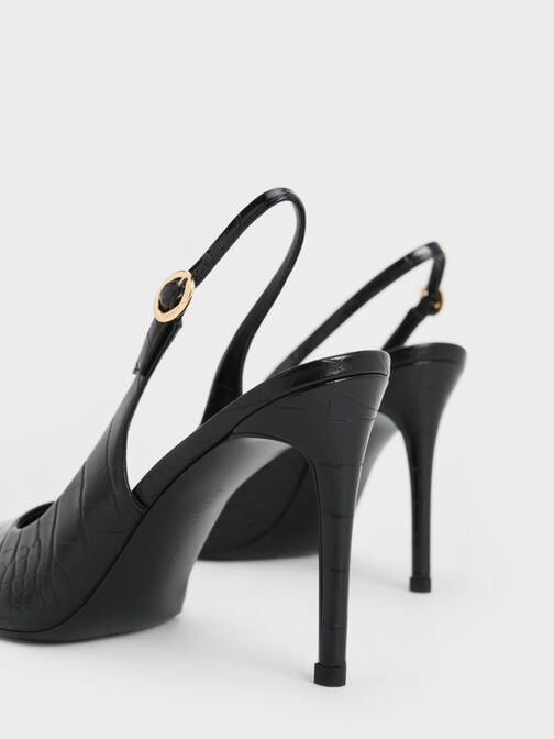 حذاء بكعب ستيليتو مفتوح من الخلف بحزام كاحل ونقشة جلد التمساح, أسود حيواني, hi-res