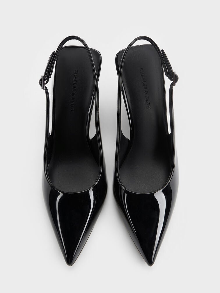 أحذية سلينغ باك من الجلد اللامع بكعب (ويدج) شبه شفاف, أسود براق, hi-res