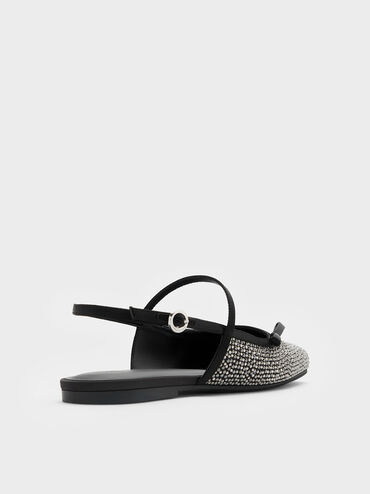 حذاء ماري جين مسطح بحزام خلفي سلينجباك ومزين بالكريستال وفيونكة, أسود خشن, hi-res