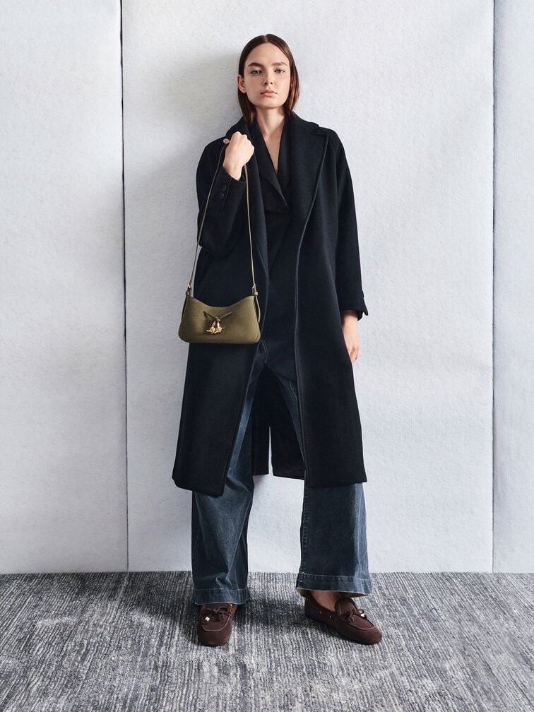 Mila Recycled Suede Shoulder Bag, Deep Olive, hi-res