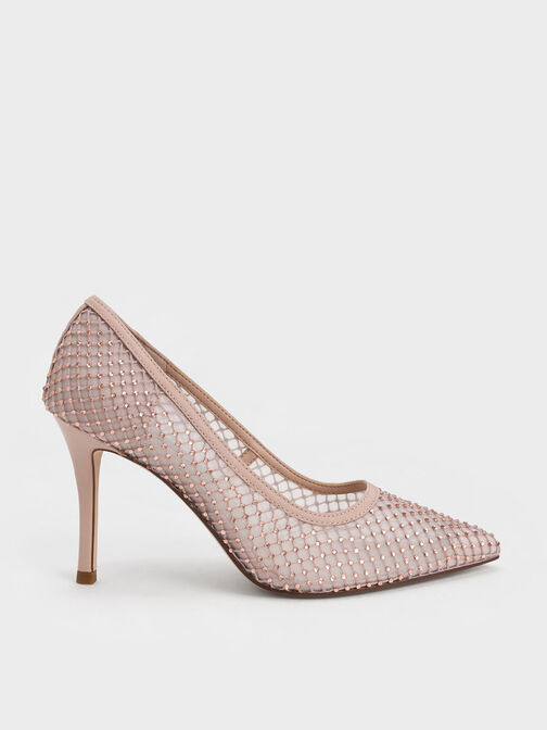 حذاء بامب بتصميم شبكي مرصع بالأحجار, لون البشرة الطبيعي, hi-res