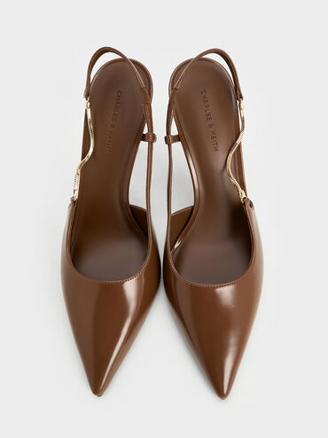 Chain-Strap Pointed-Toe Slingback Pumps, Brown, hi-res