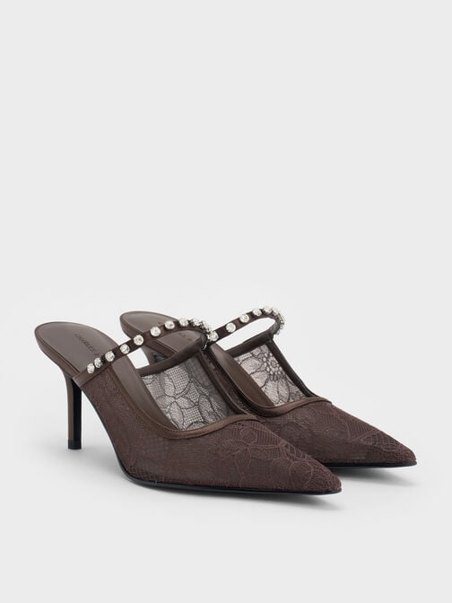 Lace & Satin Crystal Heeled Mules, Dark Brown Textured, hi-res