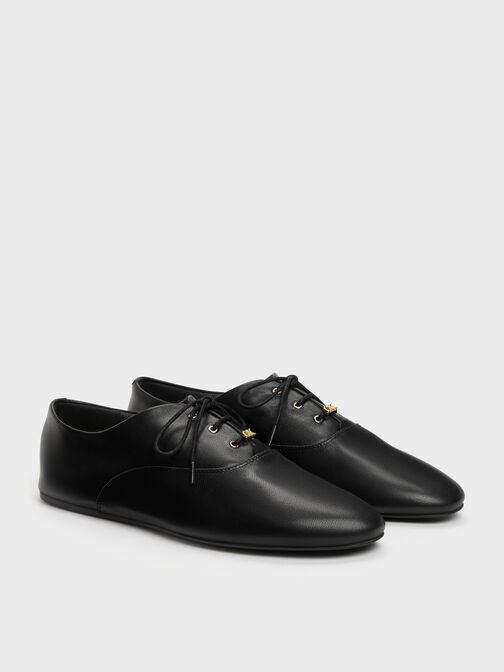 Pippa Leather Derby Flats, Black, hi-res
