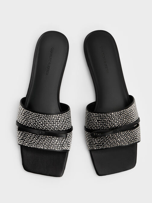 Satin Crystal-Embellished Bow Slide Sandals, Black Textured, hi-res
