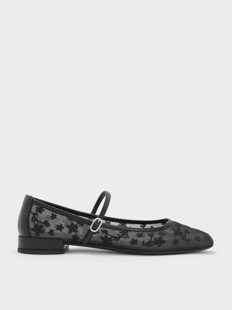 Gertrude Mesh Embroidered Floral Mary Janes, Black2, hi-res