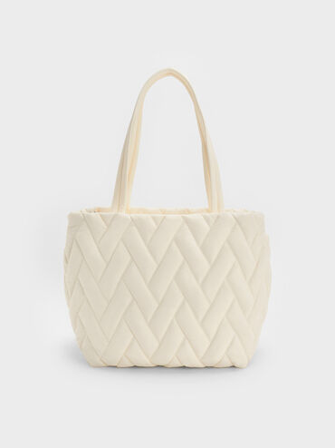 Nylon Chevron Tote Bag, Cream, hi-res