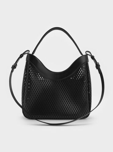 Juno Perforated Hobo Bag, Noir, hi-res